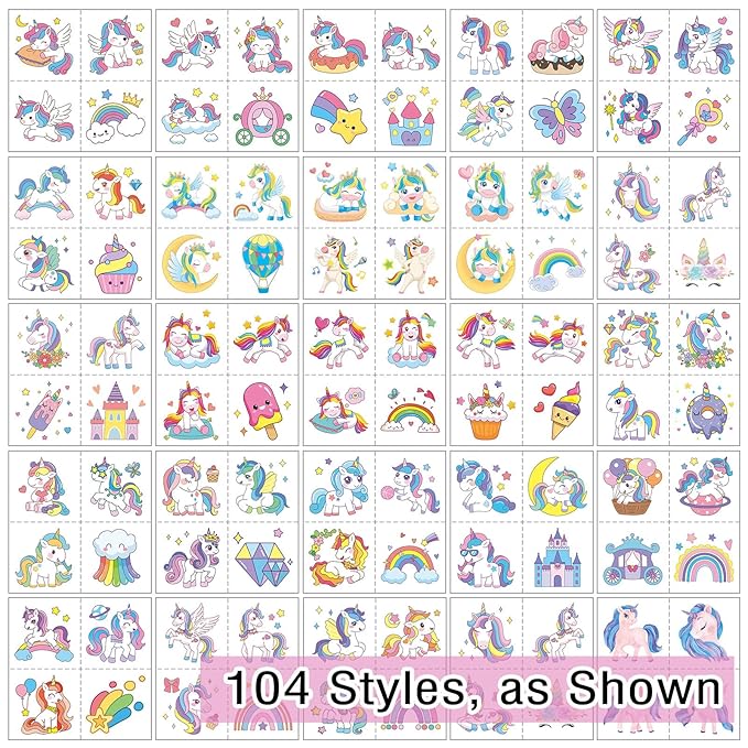 104 PCS Unicorns Temporary Tattoos for Kids Girls Birthday Party Decorations, Unicorns Fake Temp Tattoos Party Favors Party Supplies