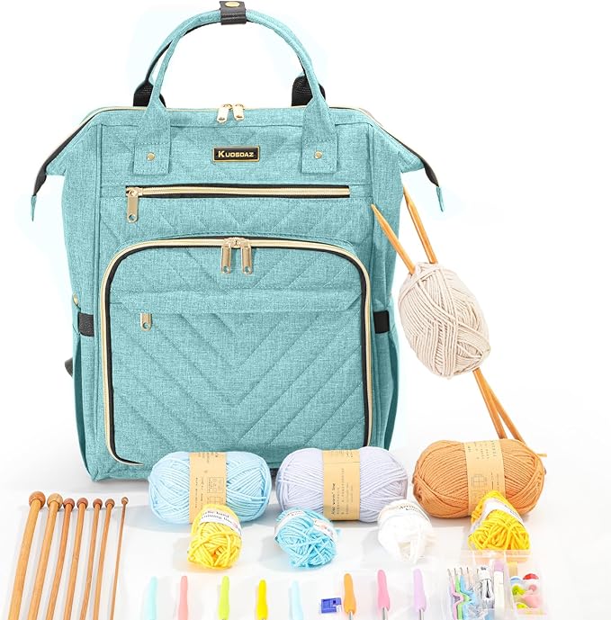 Knitting Bag Backpack, Yarn Organizer with USB Charging Port, Quilted Backpack for Women, Christmas Gifts Large Travel Crochet Bag Totes for Crochet Hooks, Knitting Needles, Yarn Supplies, Teal