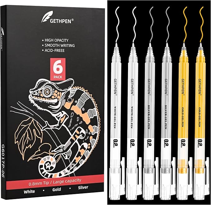 white ink pen 3 Colors 0.8mm Extra Fine Point 6-Pack Gel Pen Set – White, Gold & Silver Gel Ink Pens for Artists Drawing on Black Paper, Sketching, Bullet Journaling & Crafting