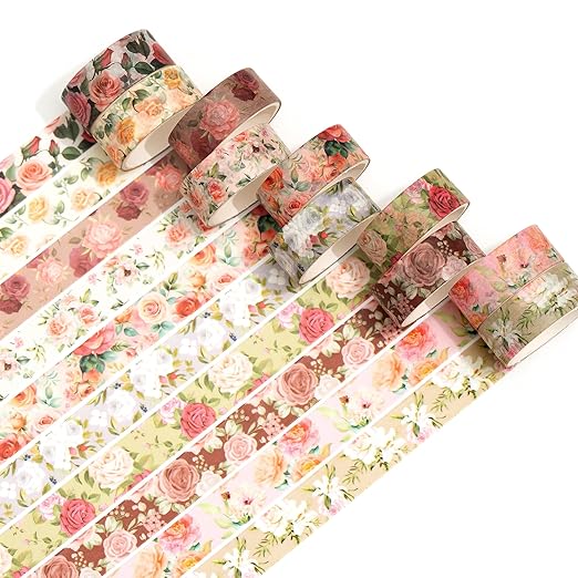 10 Rolls Blooming Flowers Washi Tape Set Floral Arts Adhesive Tapes Colorful Garden Decorative Masking Tape Sets for Craft, Kids, Scrapbook, DIY, Gift Wrapping (1-Pinky)