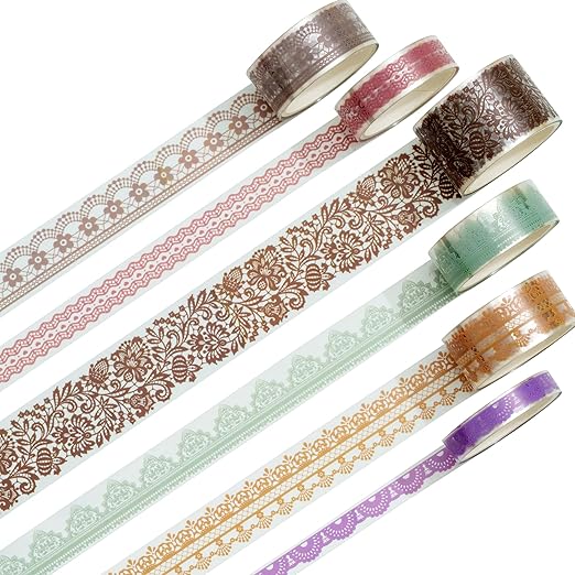 6 Rolls Lace Patterns PET Tapes Floral Arts Decorative Tape Set Adhesive Transparent Masking Tapes for DIY Craft, Kids, Scrapbook, DIY, Gift Wrapping, Journal (Gentle and Graceful)