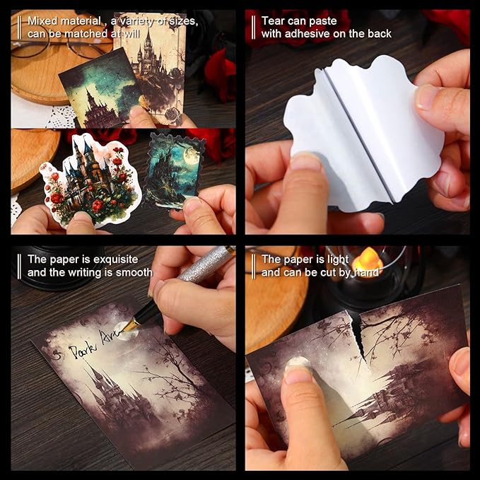 120 Pieces Dark Art Themed Stickers and Scrapbook Paper Kit, 4 Pack Aesthetic Decorative European-Style Vintage Scrapbook Stickers for Scrapbooking, Journaling, DIY Crafts and Planner Supplies