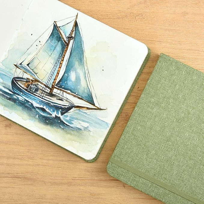 SEMLEART Small Watercolor Sketchbook for Travel,8.3x8.3/42Sheets/140lb(300 GSM),Cotton Pulp Paper ，Mini Watercolor Journal Notebook for Painting,Mixed Media Journal PAD（Green）