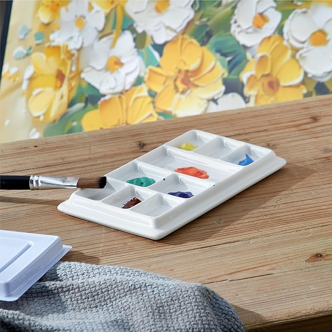Ceramic Watercolor Palette with Lid, 9-Well Rectangular Paint Mixing Tray for Watercolor, Gouache, Acrylic & Oil Painting, White