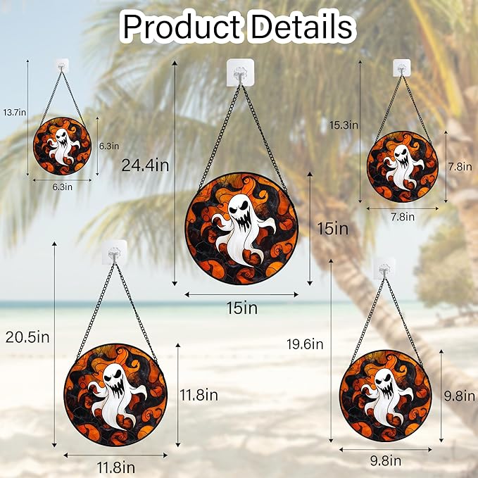 Stained Glass Window Hanging - Halloween White Ghost Suncatcher for Doors Window Garden Indoor Spooky Funny Orange Sun Catchers Gothic Decor Horror Gifts for Women Men Friend 6.3 in