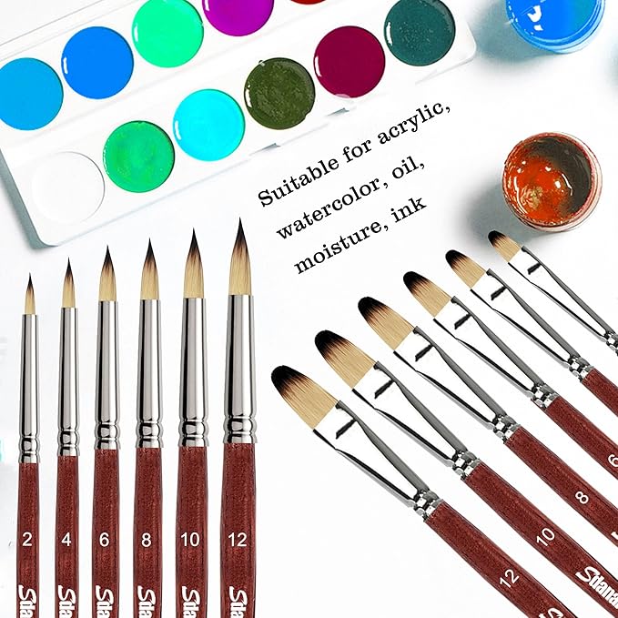 12 pcs Acrylic Paint Brushes Set,6 Professional Round Pointed Tip Paintbrushes and 6 Filbert Artist Paintbrush for Watercolor,Acrylics,Oil,Gouache,Ink，Perfect for Artists and Beginners