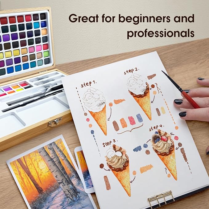 Watercolor Paint Set,100 Colors in Nature Bamboo Box,Portable Water Colors Kit with Papers and Brush Pens,Suitable for Adults, Art Students & Painting Enthusiasts