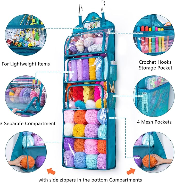 MYBAGZING Hanging Yarn Storage Organizer –Over-The-Door Crochet Organizer with Both Front and Side Zipper Closure -Large Capacity Clear Yarn Holder for Crochet Hooks, Knitting Needles & Accessories