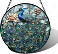 Stained Glass Window Hanging, Blue Peacock Decoration Suncatcher for Door Garden Home Flower Bird Sun Catchers Christmas Mother's Day Birthday Gifts for Women Men Mom Nana Friend 7.8 in