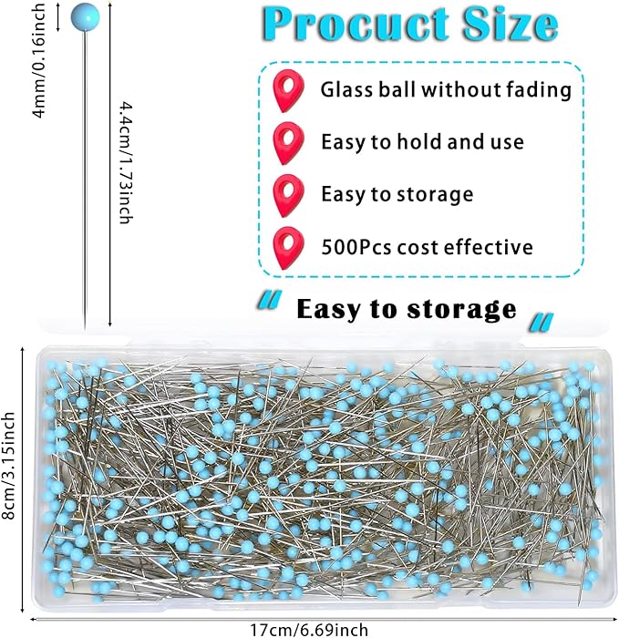 500 PCS Quilting Pins, 1.75 Inch Straight Pins with Blue Glass Ball Head, Stainless Steel Dressmaker Pins for Sewing, Fabric, Crafts, Jewelry Making, DIY Projects