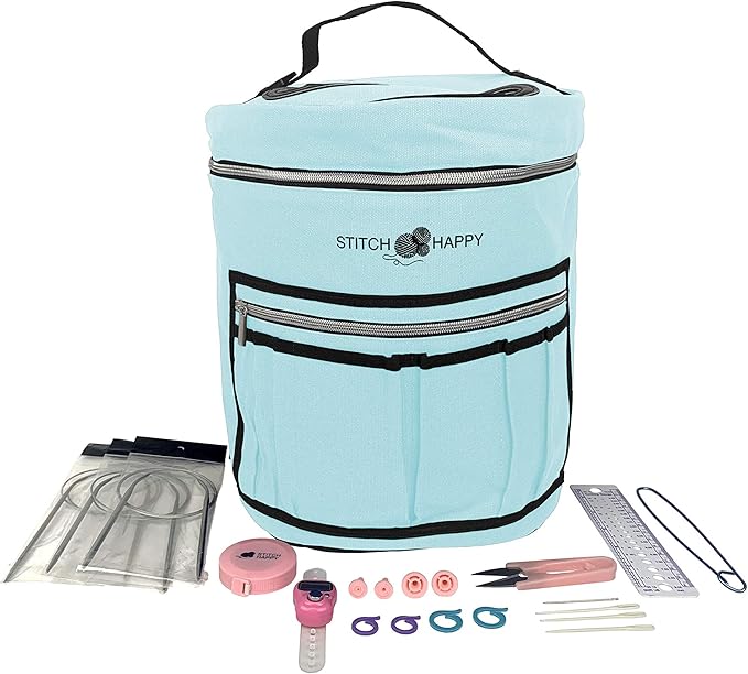 Designer Stitch Happy Knitting Starter Kit: 20 Piece Knitting Kit for Beginners & 7 Pocket Yarn Bag, Signature Yarn Storage - Angel Blue
