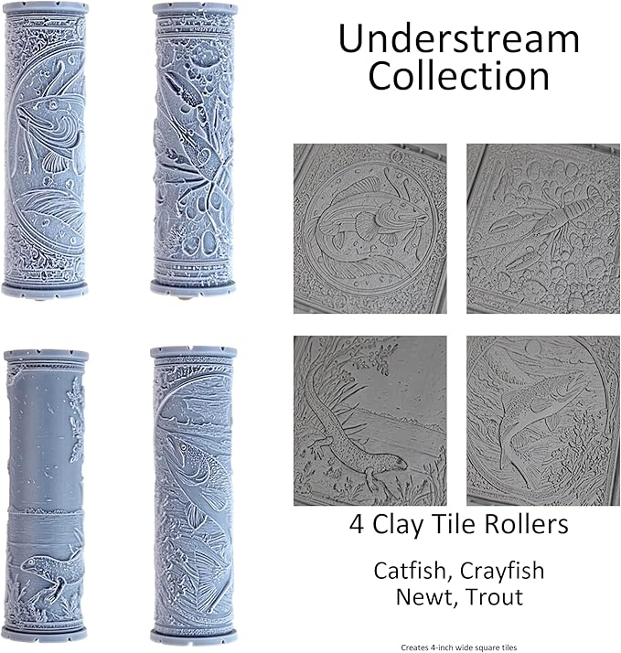 Understream Collection 4-Pack Clay Texture Rollers (4") - Freshwater Set #01 - Embossing Pattern Rollers for Polymer & Ceramic Clay, Pottery & Crafts