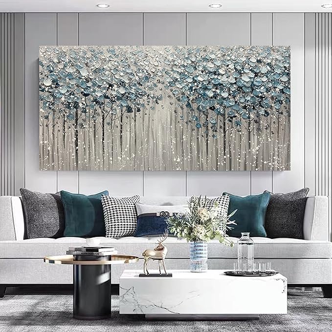 Yotree Paintings - 24x48 Inch 3D Oil Paintings on Canvas Blue Forest Heavy Texture Acrylic Painting Wall Art Wall Decoration Wood Inside Framed Hanging Ready to Hang