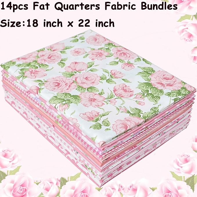 14pcs Pink Cotton Quilting Fat Quarters Fabric Bundles 18x22 inch - for Quilting, Sewing, Patchwork, and DIY Crafts – Pink