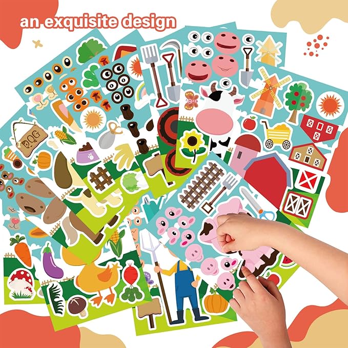 36 PCS Farm Animal Stickers Sheets, Make-a-face Sticker, Make Your Own Stickers for Kids Farm Themed Party Favors Supplies Craft Birthday Gift for Girls Boys