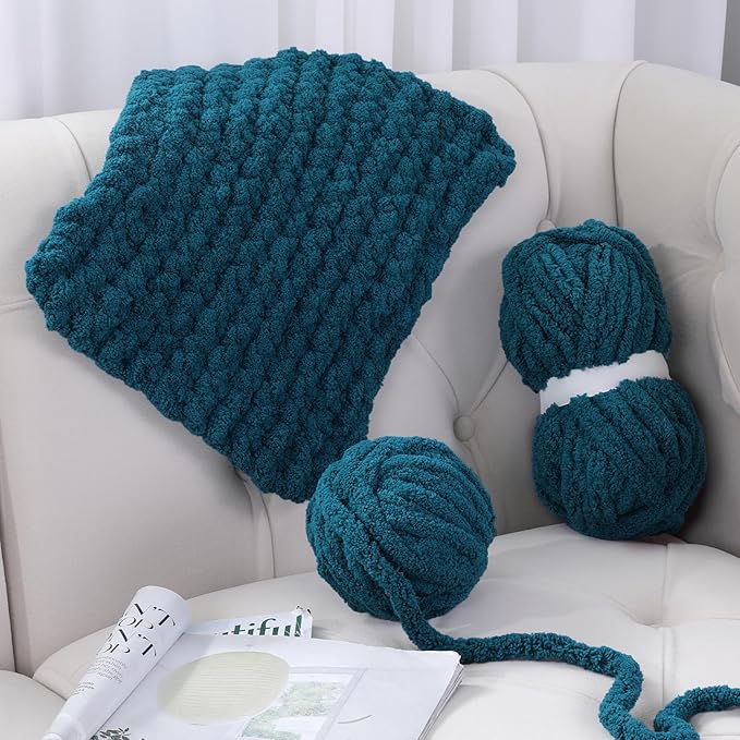 Hombys Indigo Chunky Chenille Yarn for Hand Knitting & Crocheting - Super Bulky Big Yarn for Chunky Blanket