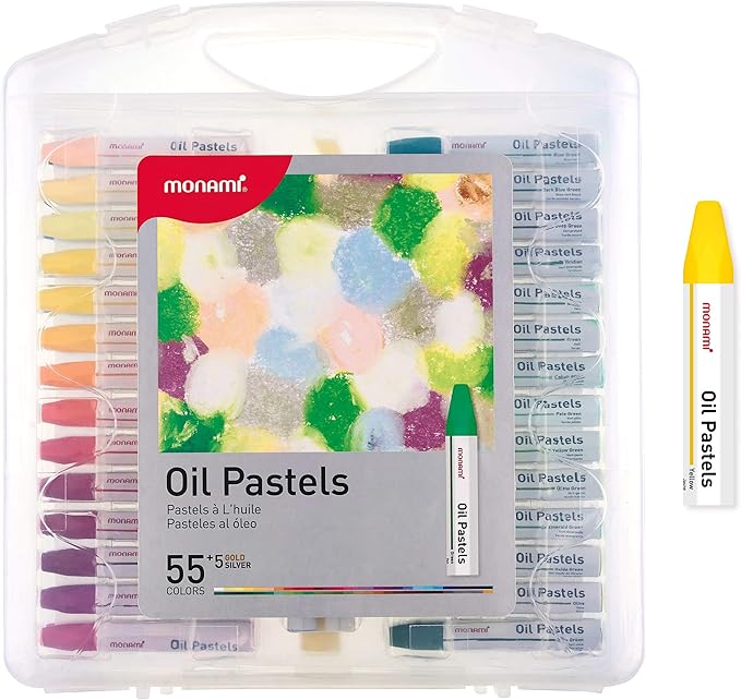 MONAMI Oil Pastels, Jumbo Size Hexagonal Shape for Kids and Students With Handy Carrying Case, 55 Vivid Colors +5 Extra (Total 60) Pack