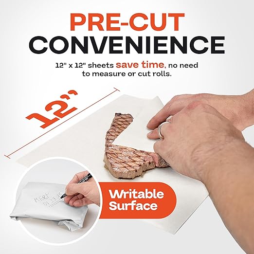 White Butcher Paper Sheets 12" x 12", Pack of 200 - USA-Made Natural Precut Butcher Paper for Smoking, Grilling & BBQ - Unwaxed, Uncoated, Untreated Food Wrapping Sheets for Cooking by IDL Packaging