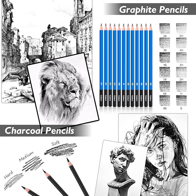 Caliart 176PCS Art Supplies Sketching Kit with 100 Sheets 3-Color Sketch Book, Graphite Colored Charcoal Watercolor & Metallic Pencils, Drawing Set Christmas Gifts for Adults Teens Girls Boys Kids