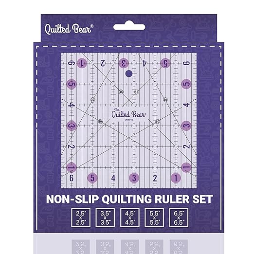 The Quilted Bear Quilting Rulers - Transparent Acrylic Non Slip Quilting, Patchwork & Sewing Ruler with Clear Black Lines & 30, 45 & 60 Degree Angles (2.5", 3.5", 4.5", 5.5" & 6.5")