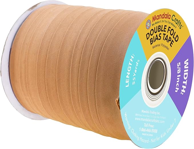 Mandala Crafts 55 Yards 5/8 Inch Tan Double Fold Bias Tape for Sewing - Bias Binding Tape for Quilting Binding, Hemming, Seam, and Fabric Piping