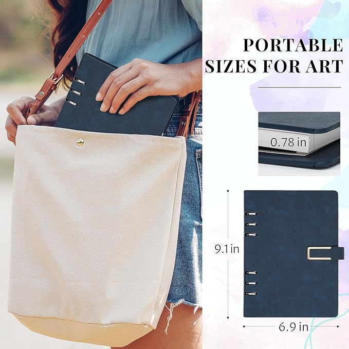 Vienrose 9" x 7" 3 Ring Watercolor Sketchbook, Faux Leather Cover Professional Art Journal with Detachable 24 Sheets 48 Pages, Ideal for Water Coloring, Sketching, Painting, Navy