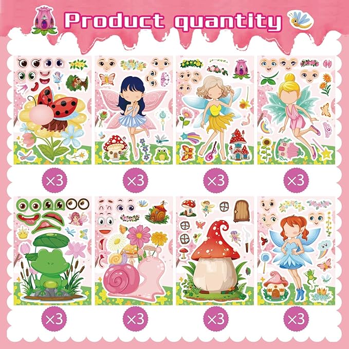 24 PCS Fairy Stickers for Kids, Make a Face Sticker with 8 Unique Designs Fairy, Frog, Mushroom, Make Your Own Stickers for Girls Birthday Party Favors, Goodie Bags, DIY Crafts