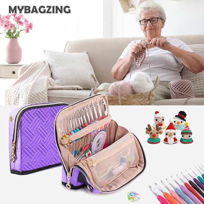 MYBAGZING Crochet Hook Case with 14 Size Crochet Hooks Set 2mm(B)-10mm(N) Ergonomic Crochet Hooks with Crochet Case Stand Up - Crochet Hook Organize for Crochet Lovers, Crochet Kit for Beginners