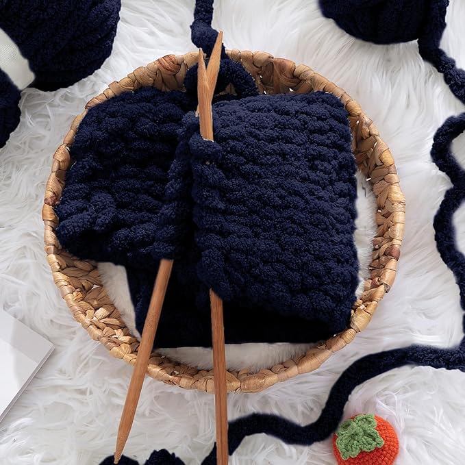 HOMBYS Navy Blue Chunky Chenille Yarn for Hand Knitting,Fluffy Soft Jumbo Yarn Crocheting,Super Bulky Big Yarn for Chunky Blanket,Large Thick Arm Knitting Yarn,8 Pack Plush Yarn