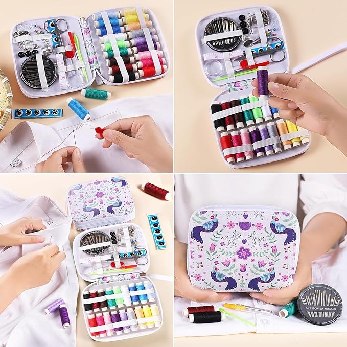 VINTAGE EMBROIDERY V.E. Travel Sewing Kit with Bag - Portable Sewing Supplies for Traveler, Adults, Beginner, Emergency,Contains Thread, Scissors, Needles, Tape Measure and Other Accessories (White)