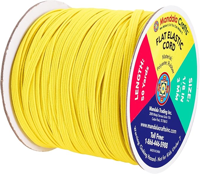 Mandala Crafts 3mm 50 Yds Roll of Yellow Elastic Bands for Sewing - 1/8 Flat Elastics Cord - 1 8 Inch Braided Stretch Straps for Crafting