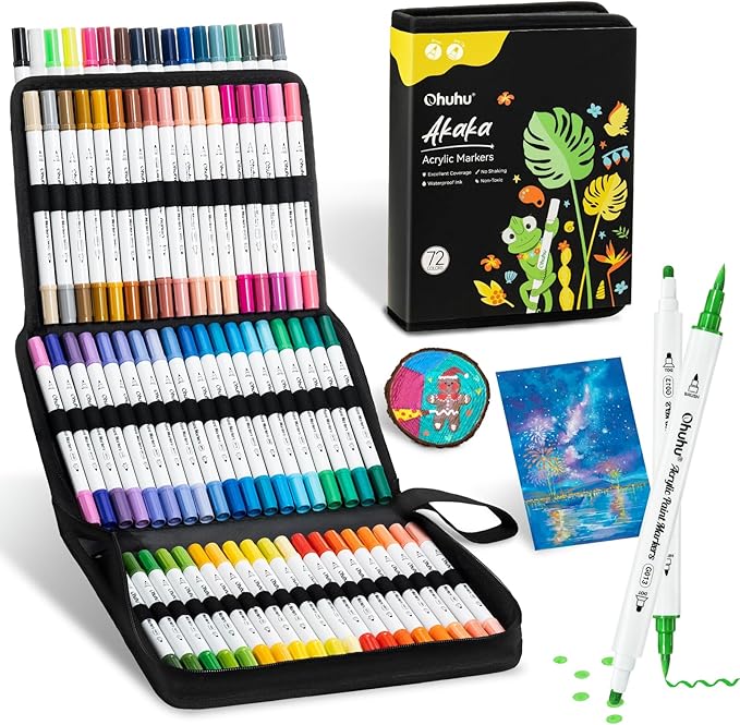 Ohuhu Acrylic Paint Markers Dual Tips: 72 Colors Brush & Dot Paint Pens High Opacity Acrylic Markers Waterproof Lightfast for Christmas Gifts Rock Painting 3D Prints Egg Wood Glass Ceramic DIY Crafts