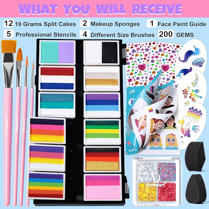 Professional Face Painting Kit for Kids Adults, Rainbow Split Cake Face Paint Palette 12 x 10gm+ 4 Colors Pro Pressed Glitter Eyeshadow Palette, with Brushes Sponges Gems Stencils