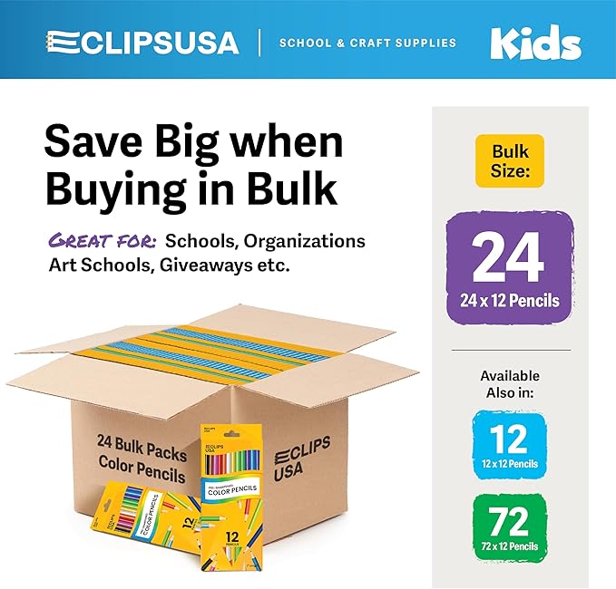 E-CLIPS USA Colored Pencils Bulk, Colored Pencils For Kids Or Adults, Map Coloring pencils, 12 Per Box, Box May Vary (24 Boxes)