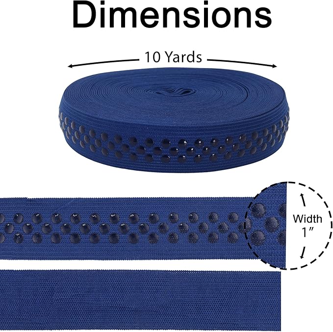 Mandala Crafts 1 Inch Elastic Silicone Gripper Tape for Clothing - 10 Yds Dotted Non Slip Elastic Band for Sewing - Navy Blue Silicone Elastic Straps Flat Stretchy Fabric Elastic Ribbon