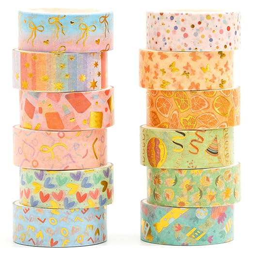 12 Rolls Charming Washi Tape Set Gold Silver Foil Detailing Arts Adhesive Tapes Basic Patterns Decorative Masking Tape Sets for Craft, Kids, Scrapbook, DIY, Gift Wrapping (Whimsical Pastels)