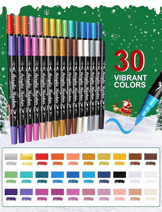 30 Colors Acrylic Paint Markers - Waterproof Dual Tip Acrylic Paint Pens with Brush & Fine Tip Professional Marker Set Scrapbook Markers for Paper Rock Wood Fabric Glass Ceramic and DIY Crafts