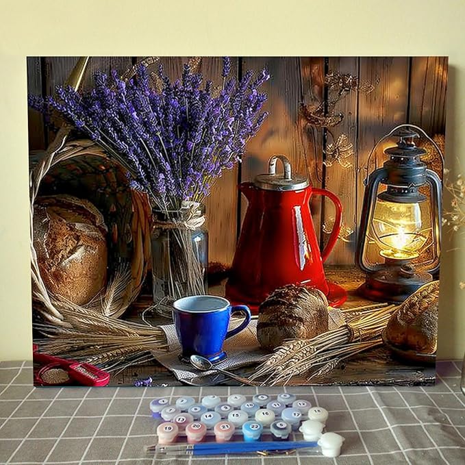 Rustic Style DIY Oil Painting on Canvas 16x20 Inch Paint by Numbers for Adults Kids Flower Oil Lamp and Apple Acrylic Pigment Watercolor Paint Kits Retro European Style Home Wall Decor(Manual Frame)