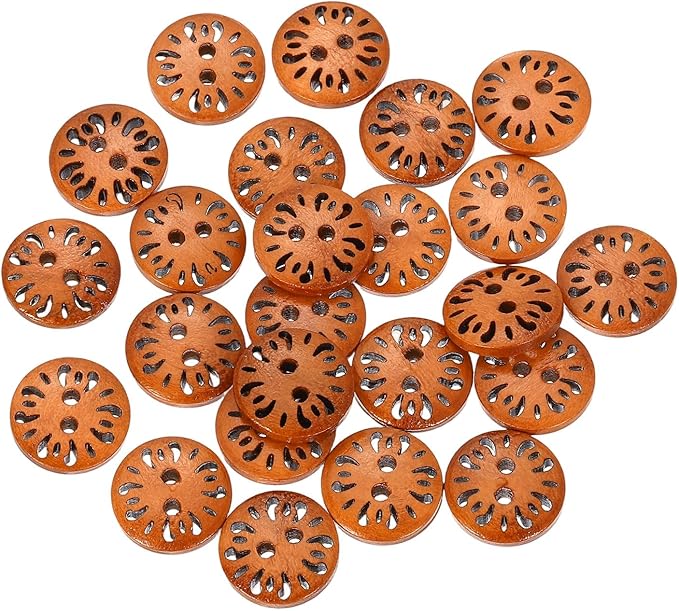 HARFINGTON 100pcs 2 Hole Flower Craft Sewing Button 15mm Handmade Wood Replacement Round Buttons for Clothing Decoration DIY Accessories, Brown