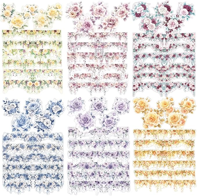 90 Pieces Vintage Floral Frame PET Scrapbook Stickers, 6 Pack Aesthetic Background Window Frames Decorative Stickers for Scrapbooking Planner Junk Journal Supplies Collage