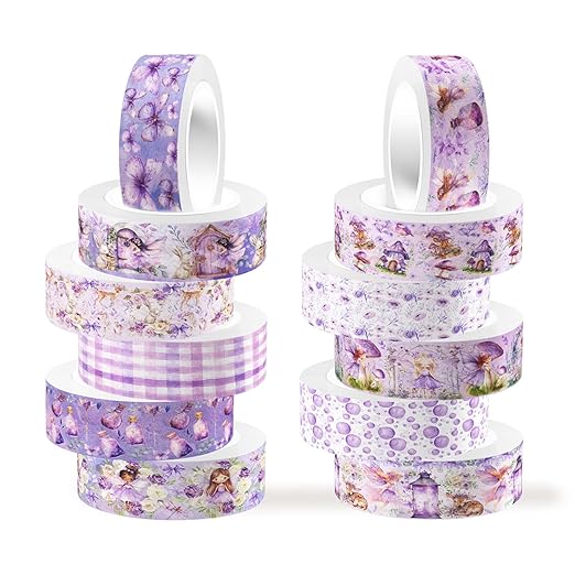 12 Rolls of Fairy Washi Tape, Purple Decorative Tape Masking Tape for Note Taking Supplies, Scrapbooking, DIY Crafts, Gift Wrap for Birthday Wedding Baby Shower Party Supplies