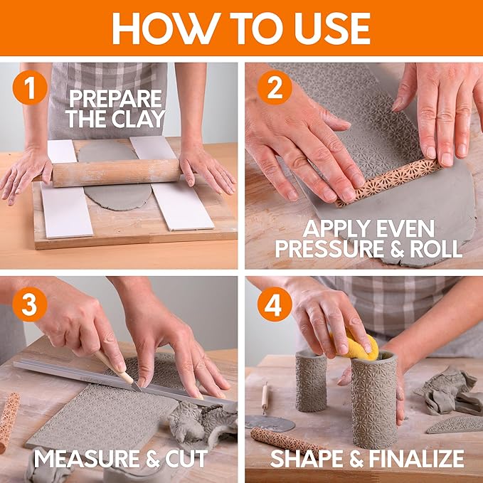Byllstore Clay Texture Rollers | 10-Pack | 5 in x 0.65 in | Premium Wooden Pottery Tools