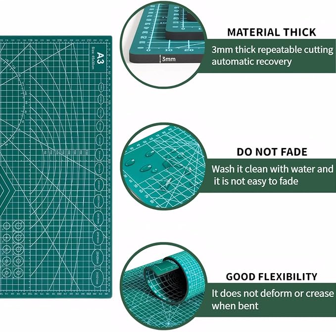 Self Healing 18"X12" Cutting Mat, A3 Sewing Mat Rotary Double Sided Thickened Mats for Crafts, for Sewing Crafts Hobby Fabric Precision Scrapbooking Project,Green 2 Pcs