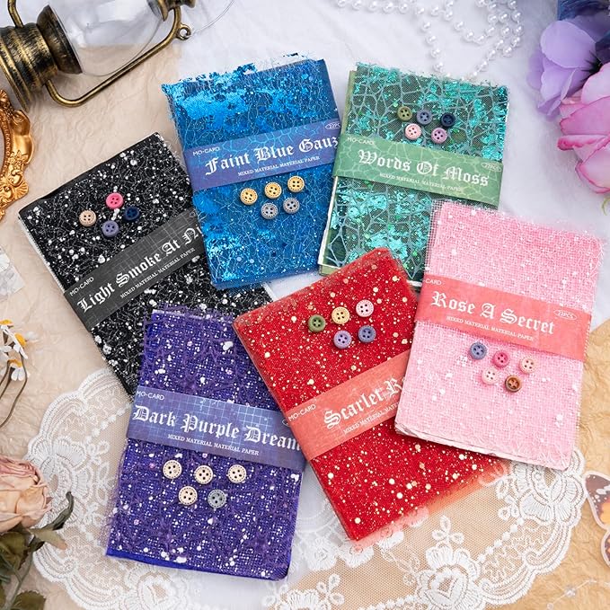 132 Sheets Textured Scrapbook Paper and Mesh Fabric Assorted Set, 6 Pack Mixed Special Paper for Scrapbooking Planner Bullet Junk Journal Supplies 5.5x4 Inch