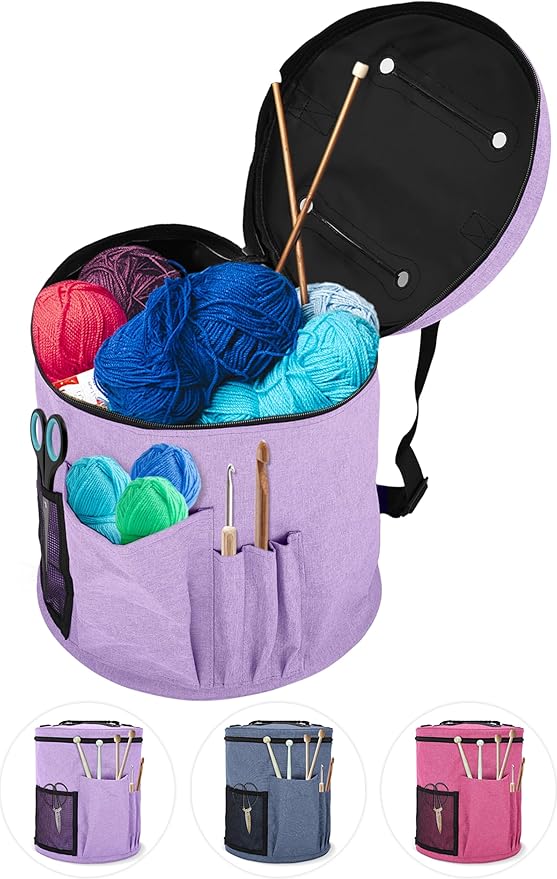 Bins & Things Knitting Bag – Large Crochet Yarn Storage Organizer with 2 External Pockets – Durable Natural Fabric Tote for Knitting Needles, Hooks, Accessories – Purple Craft Bag