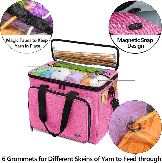 Teamoy Knitting Bag, Yarn Tote Organizer with Inner Divider (Sewn to Bottom) for Crochet Hooks, Knitting Needles(Up to 14”), Project and Supplies -No Accessories Included, Pink