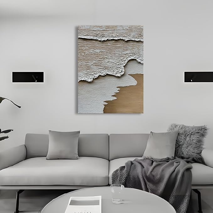 Art Hand Painted 3D Modern Abstract Art Oil Painting White Ocean Wave Landscape Painting 40x28 Inch Home Office Corridor Wall Decoration Art
