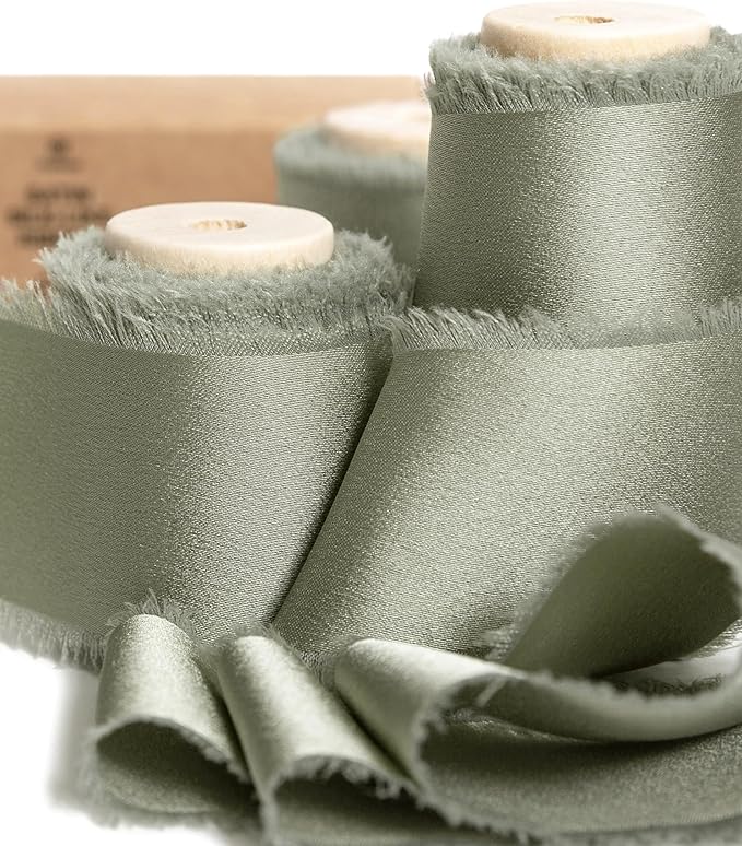 Vitalizart Dusty Sage Green Silk Satin Ribbon 1.5 Inch x 15 Yard Handmade Frayed Chiffon Wooden Spool Dusty Green Ribbon for Gift Wrapping Wedding Bridal Flower Bouquets Home Decor