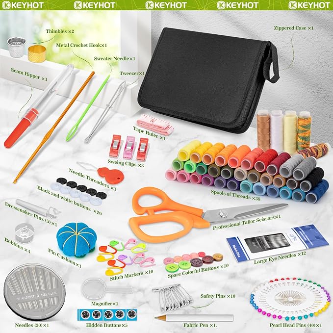 KEYHOT Sewing kit Basic,Needle and Thread Kit,Travel Small Sewing Machine Supplies for Adults Beginners Men, Home Travel Emergency Including Scissors Measure Tape Needle Threader (200pcs)