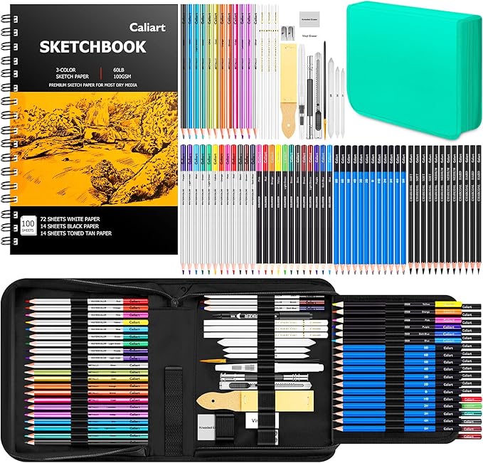Caliart 176PCS Art Supplies Sketching Kit with 100 Sheets 3-Color Sketch Book, Graphite Colored Charcoal Watercolor & Metallic Pencils, Drawing Supplies Christmas Gifts for Artists Adults Beginners